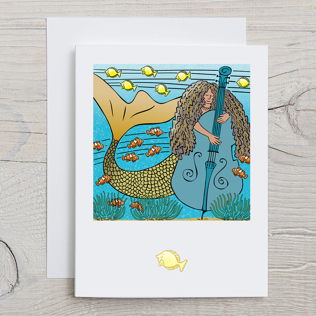 Illustration of a mermaid playing a bass guitar with fish around, on a white background.