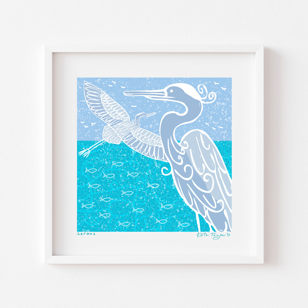 art print by Kathi Taylor with two herons and sky and ocean background in pastel blues and teals