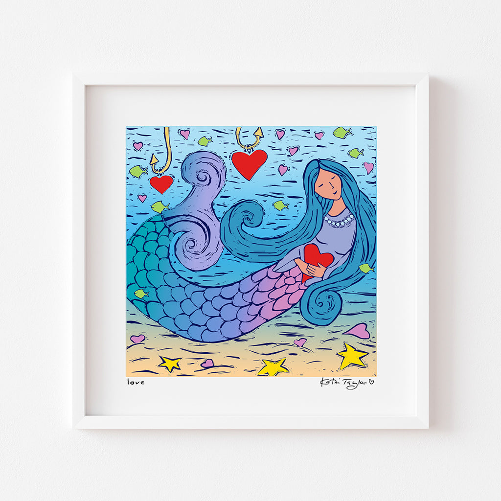 Colorful art print by Kathi Taylor of a mermaid holding a heart with colorful ocean background of small hearts, fish and starfish.