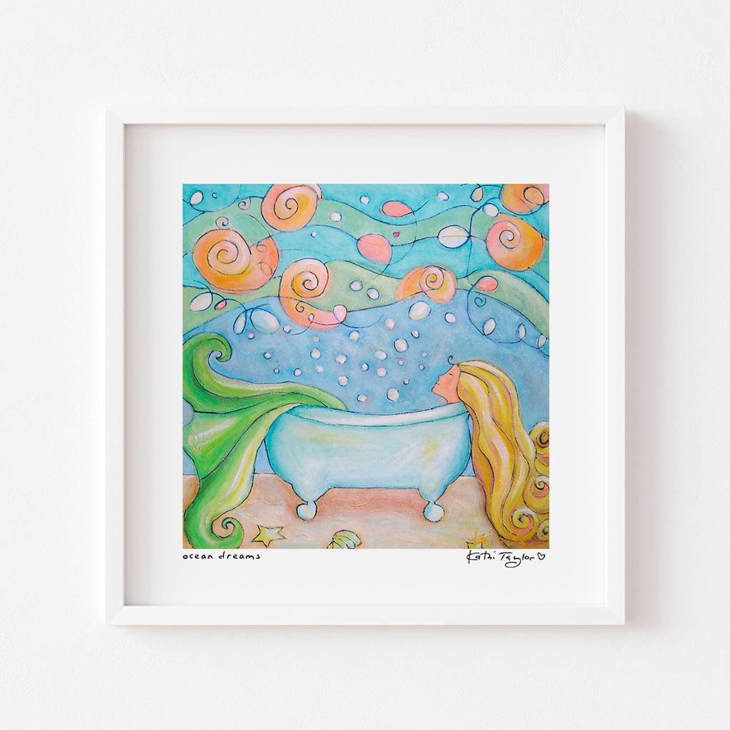 Art print by Kathi Taylor of a mermaid in a tub on the ocean floor surrounded by ocean background of bubbles and musical swirls. Mermaid has green tail and blonde hair.