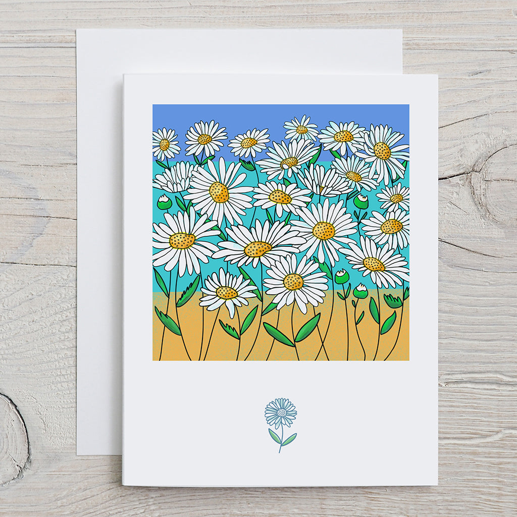 Greeting card with white daisies on an ocean themed background