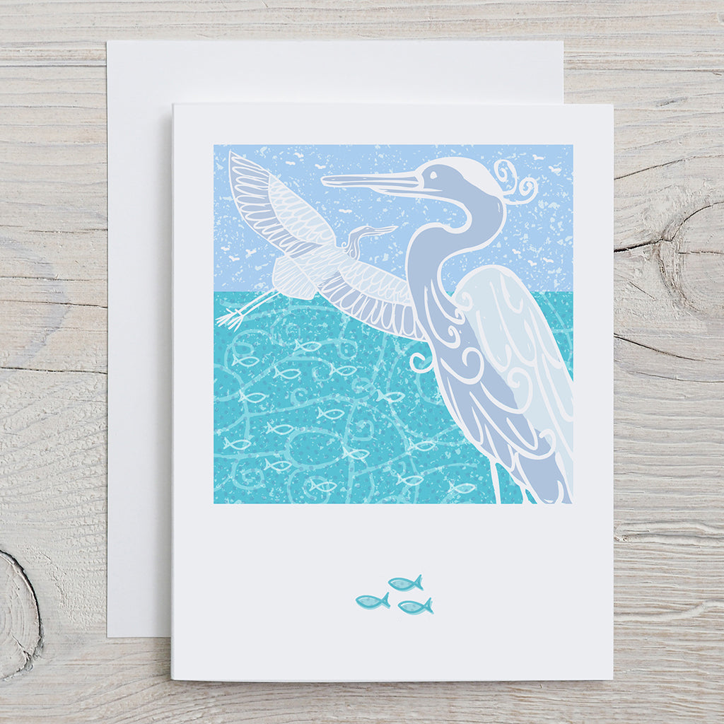 KatCo Creations Greeting card with a heron illustration on a blue and teal ocean background