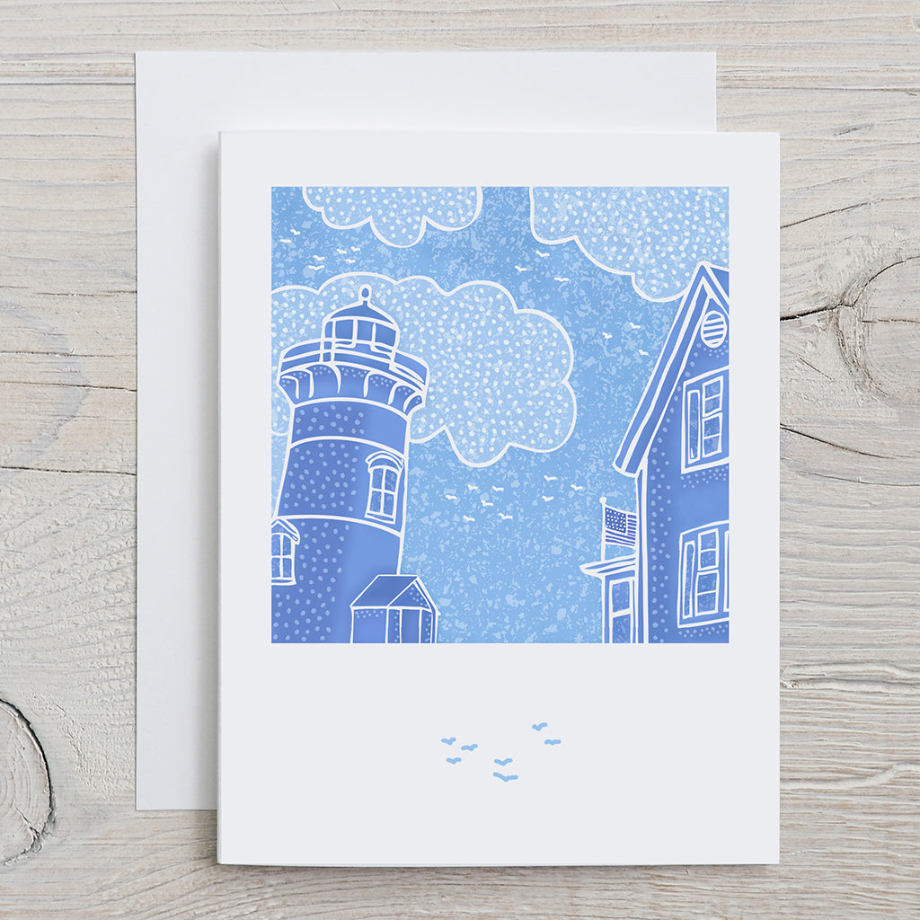 KatCo Creations greeting card blue illustration of Nobska lighthouse from Woods Hole, Falmouth, MA with clouds, birds and house